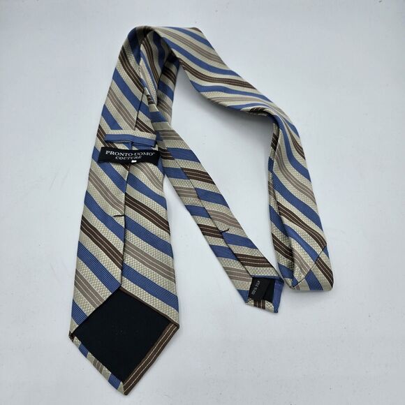 Mens Necktie Pronto Uomo Formal 57"Lx3.5"W Tan, Blue, Striped Silk Vintage - Picture 3 of 6
